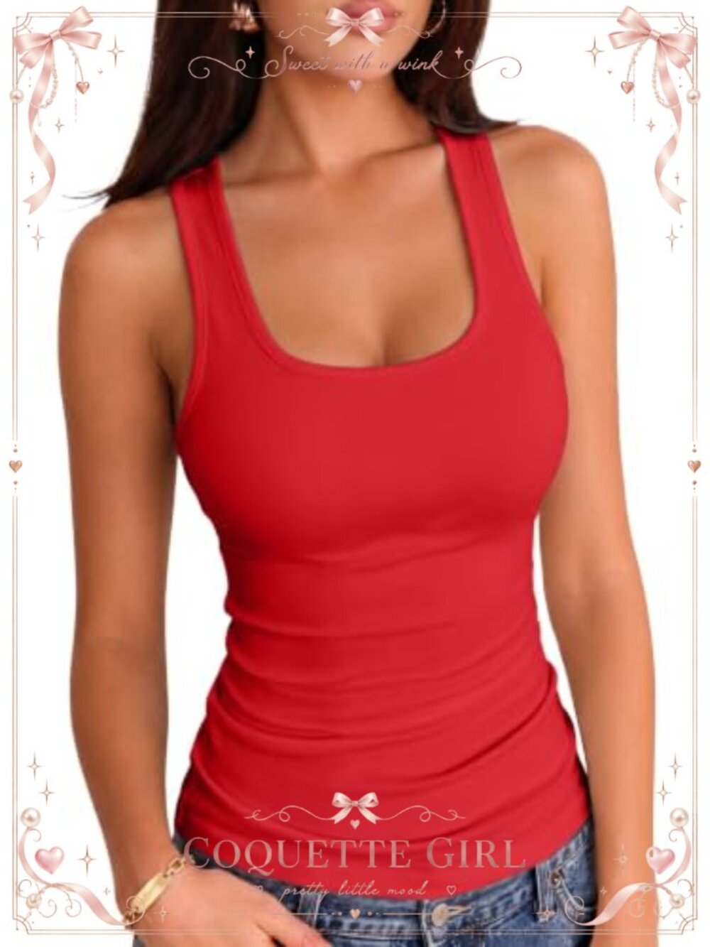 Ribbed Knit Square Neck Slim Fit Tank Top Casual Summer Sleeveless Top